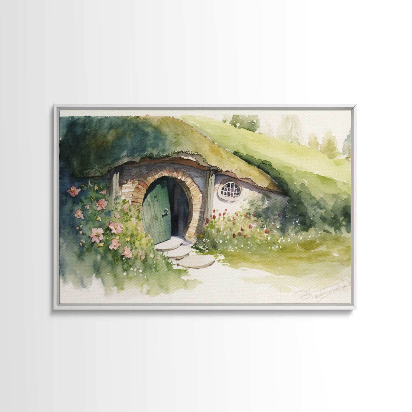 The Shire Oil Painting Print, Framed Wall Art, Hobbitcore Decor, Hobbit Hole Landscape Painting Print, Rings, Fantasy Painting - 8x12 Inches / White Frame
