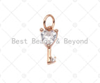 Big Clear CZ Micro Pave Heart Key Shape Pendant,Cubic Zirconia Heart Key Charm,Gold/Silver/Rose Gold Tone,6x12mm,Sku#Y345