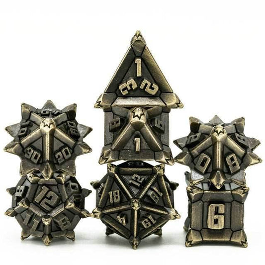 Vintage Brass Color Pinwheel Strengthened Metal 7-Dice Set | Metal DND Dice - 