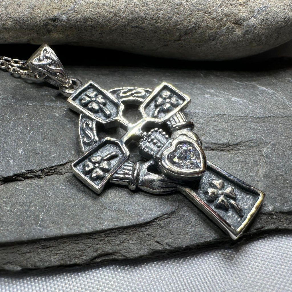 Irish Love Shamrock Claddagh Cross Necklace