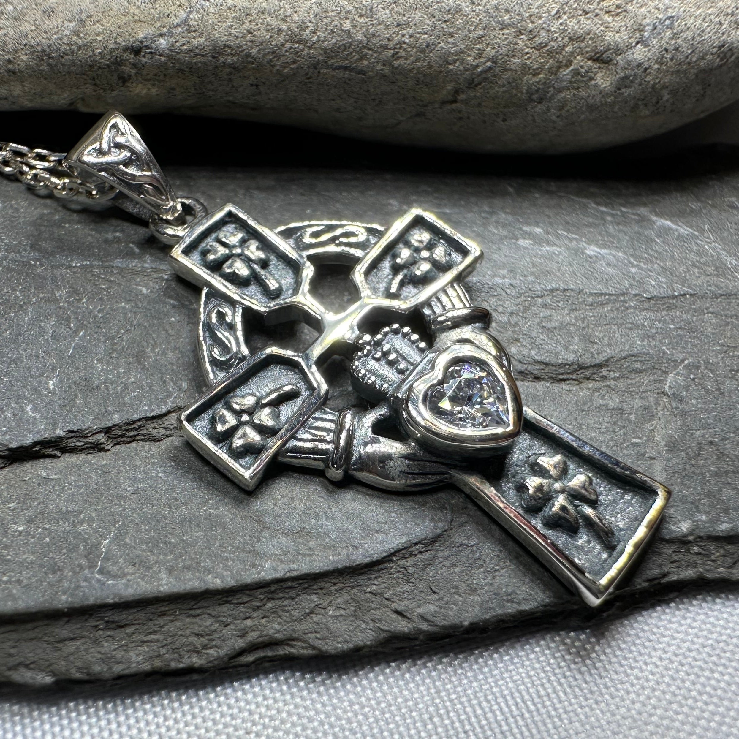 Irish Love Shamrock Claddagh Cross Necklace