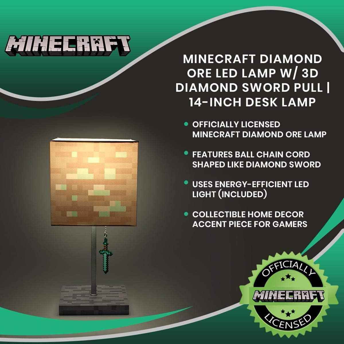 Minecraft Diamond Ore Lamp - 14-Inch LED Table Lamp with Diamond Sword Pull Chain - 