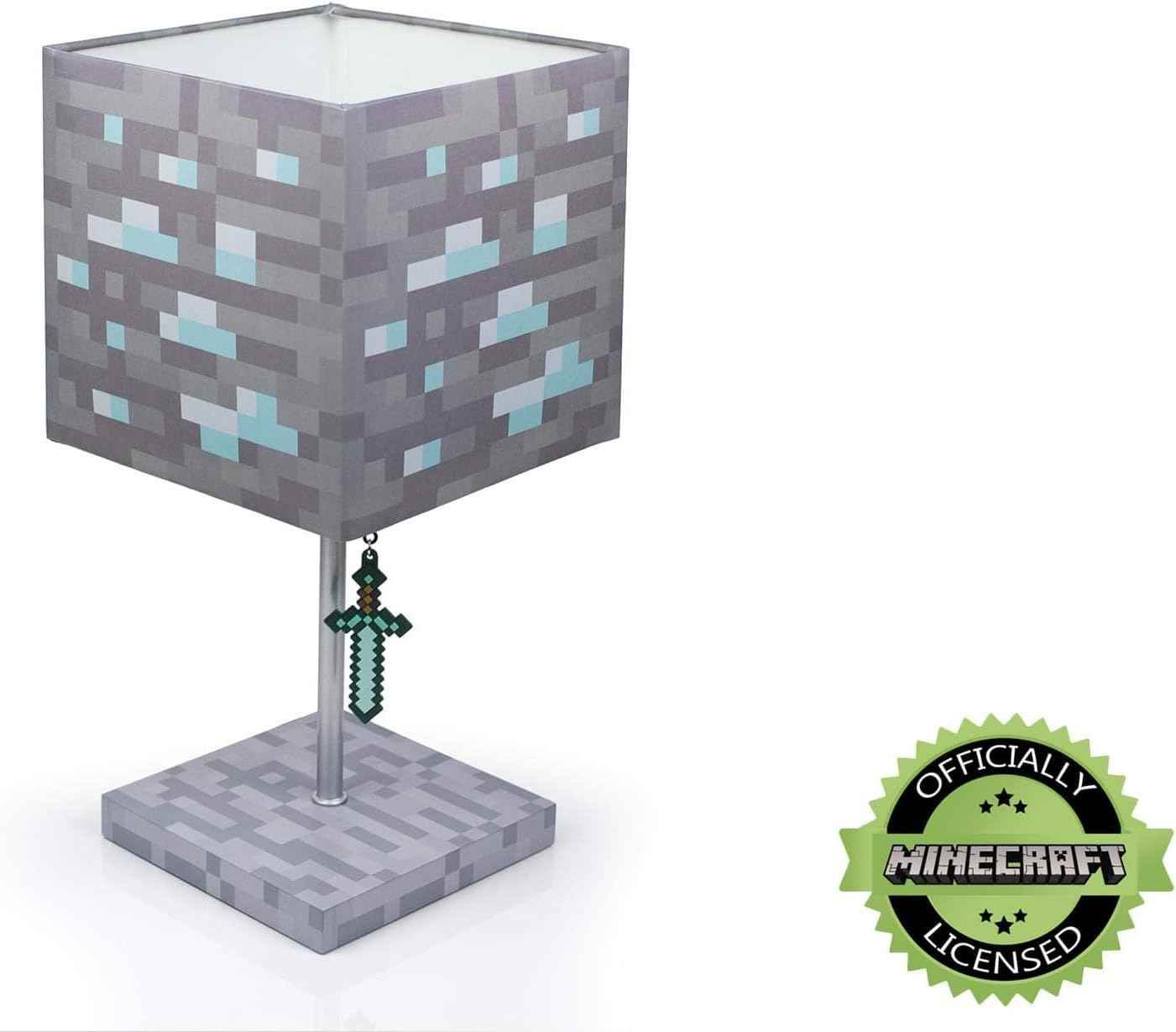 Minecraft Diamond Ore Lamp - 14-Inch LED Table Lamp with Diamond Sword Pull Chain - 