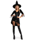 Women's Classic Witch Costume - Black Velour Bodysuit with Hat and Lace Sleeves