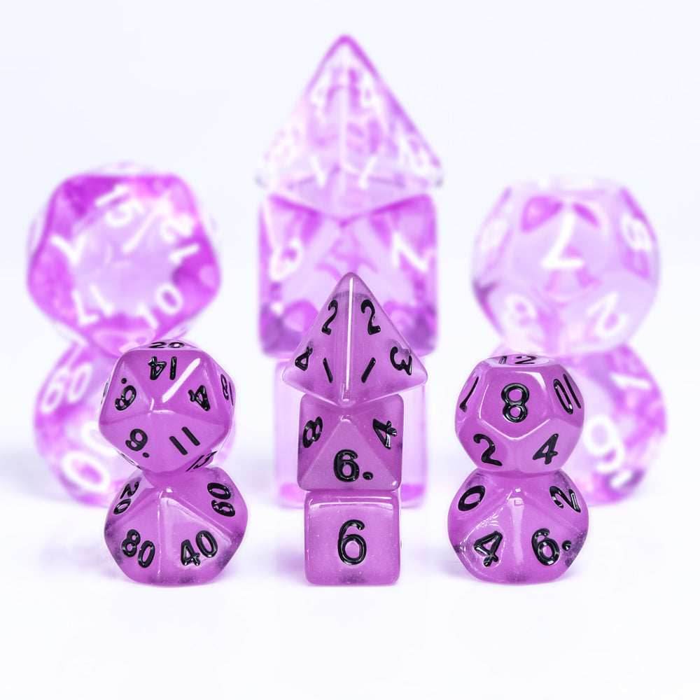 Purple Glow 7-Dice Mini-Dice RPG Set w/Black Numbers Miniature Dice - 