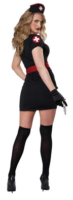 Women's Cardiac Arrest Nurse Costume - Black Minidress with Red Cross Details