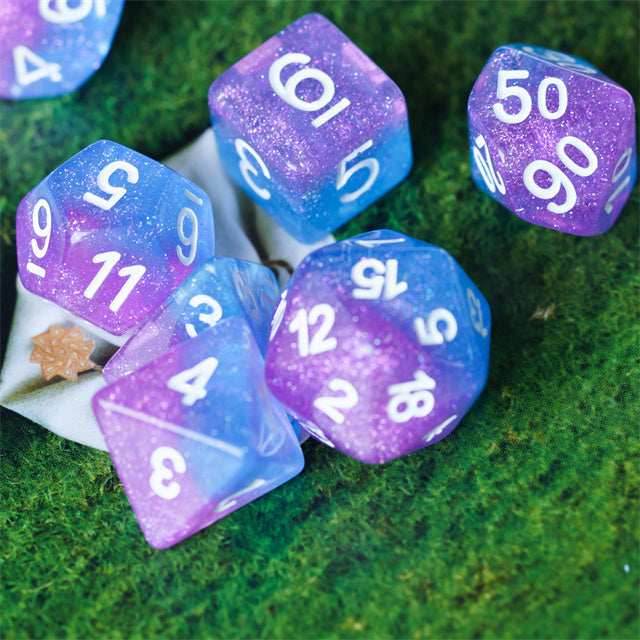 Purple Blue Two Tone 7-Dice Dnd Dice | Glitter w/White Numbers Set - 