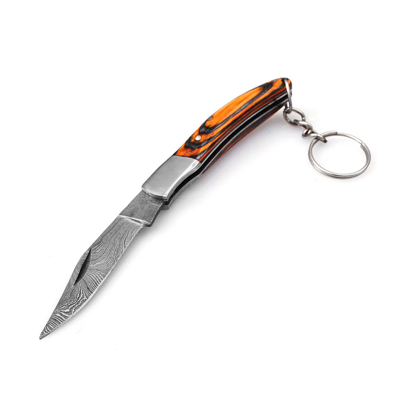 Miniature Damascus Steel Keychain Pocket Knife Wood Handle-0