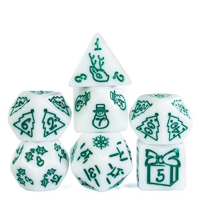 White Christmas Dice w/Green Presents Trees Snowman Holiday Festive - 