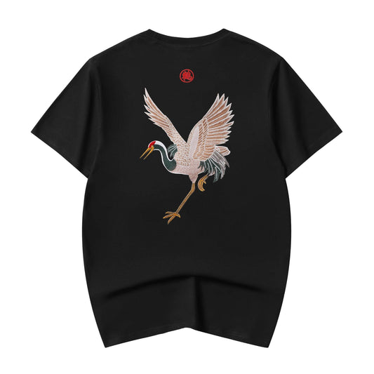 KH858 Flying Crane Embroidery Tee - black / S