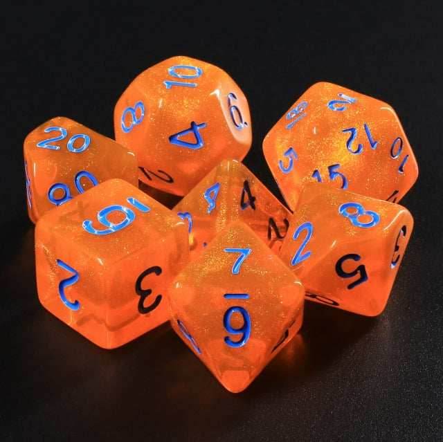 Pumpkin's Orange Glitter with Blue Numbering 7-Dice Set RPG - 