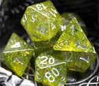 Green Cloud Brocade Powder 7-Dice Dnd Dice | Glitter w/Silver Numbers Set - 