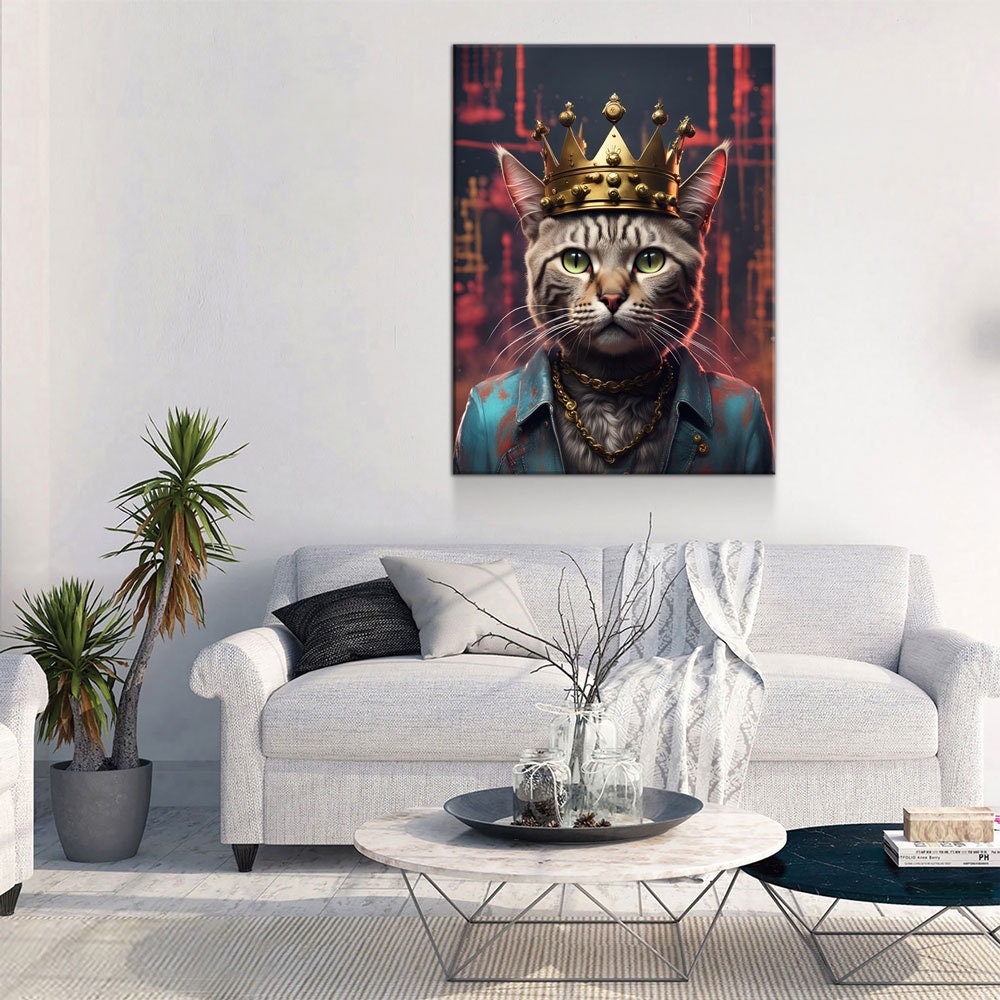 Street King Cat Canvas Wall Art, Abstract Cat Art, Street Cat Art, Cat With Crown Print, Funny Cat Print