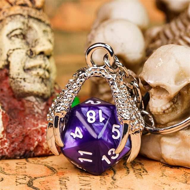 Claw Purple D20 Keychain Featuring Silver Metal Dragon Claw + d20 - 