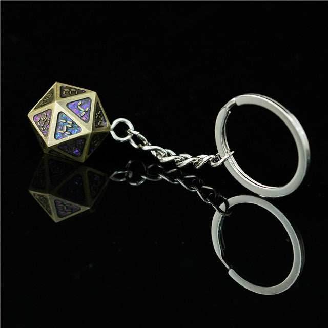 Metal D20 w/ Purple Glitter Keychain Analogue Font d20 - 