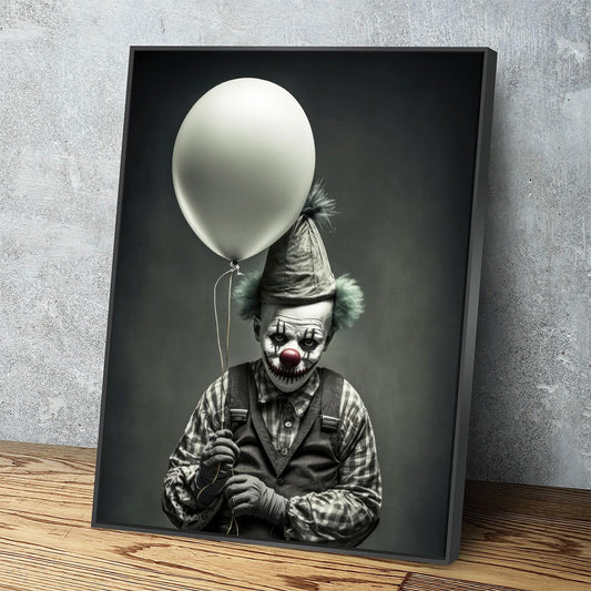 Scary Clown With Balloon Canvas Wall Art, Scary Decor, Clown with Red Nose, Halloween Decor, Gothic Print, Clown Print, Haunted House Decor