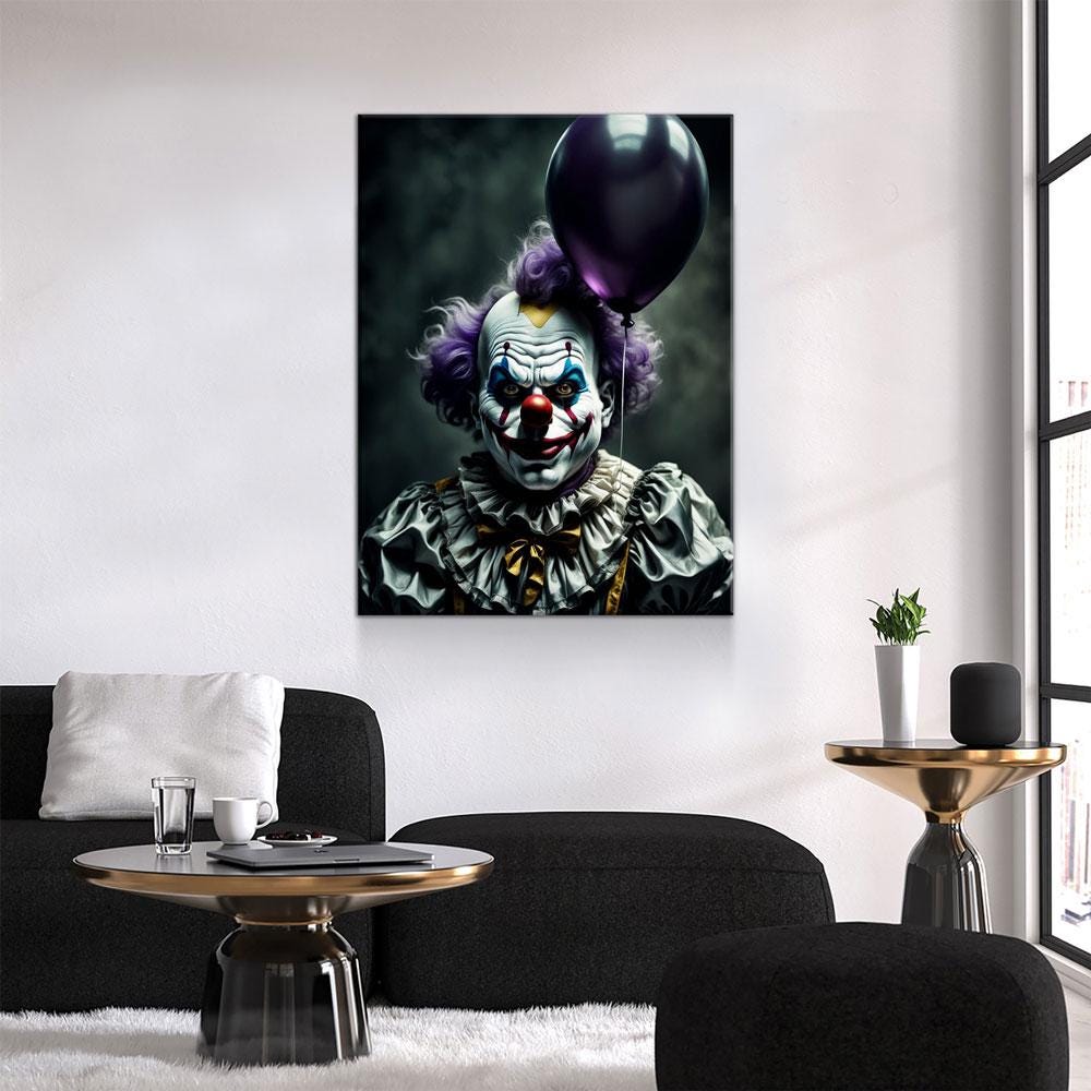 Scary Clown With Purple Balloon Canvas Wall Art, Scary Decor, Clown with Red Nose, Halloween Decor, Gothic Print, Clown Print, Haunted Decor