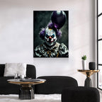Scary Clown With Purple Balloon Canvas Wall Art, Scary Decor, Clown with Red Nose, Halloween Decor, Gothic Print, Clown Print, Haunted Decor
