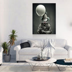 Scary Clown With Balloon Canvas Wall Art, Scary Decor, Clown with Red Nose, Halloween Decor, Gothic Print, Clown Print, Haunted House Decor