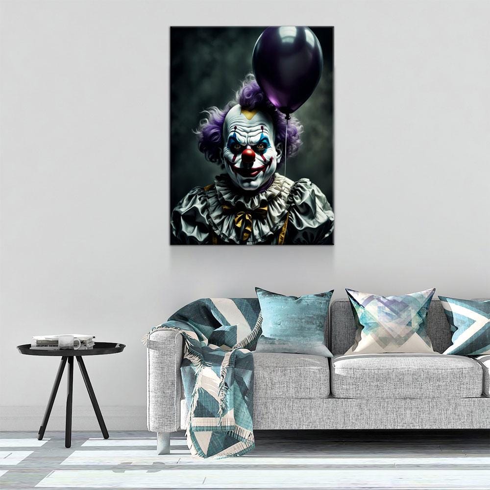 Scary Clown With Purple Balloon Canvas Wall Art, Scary Decor, Clown with Red Nose, Halloween Decor, Gothic Print, Clown Print, Haunted Decor