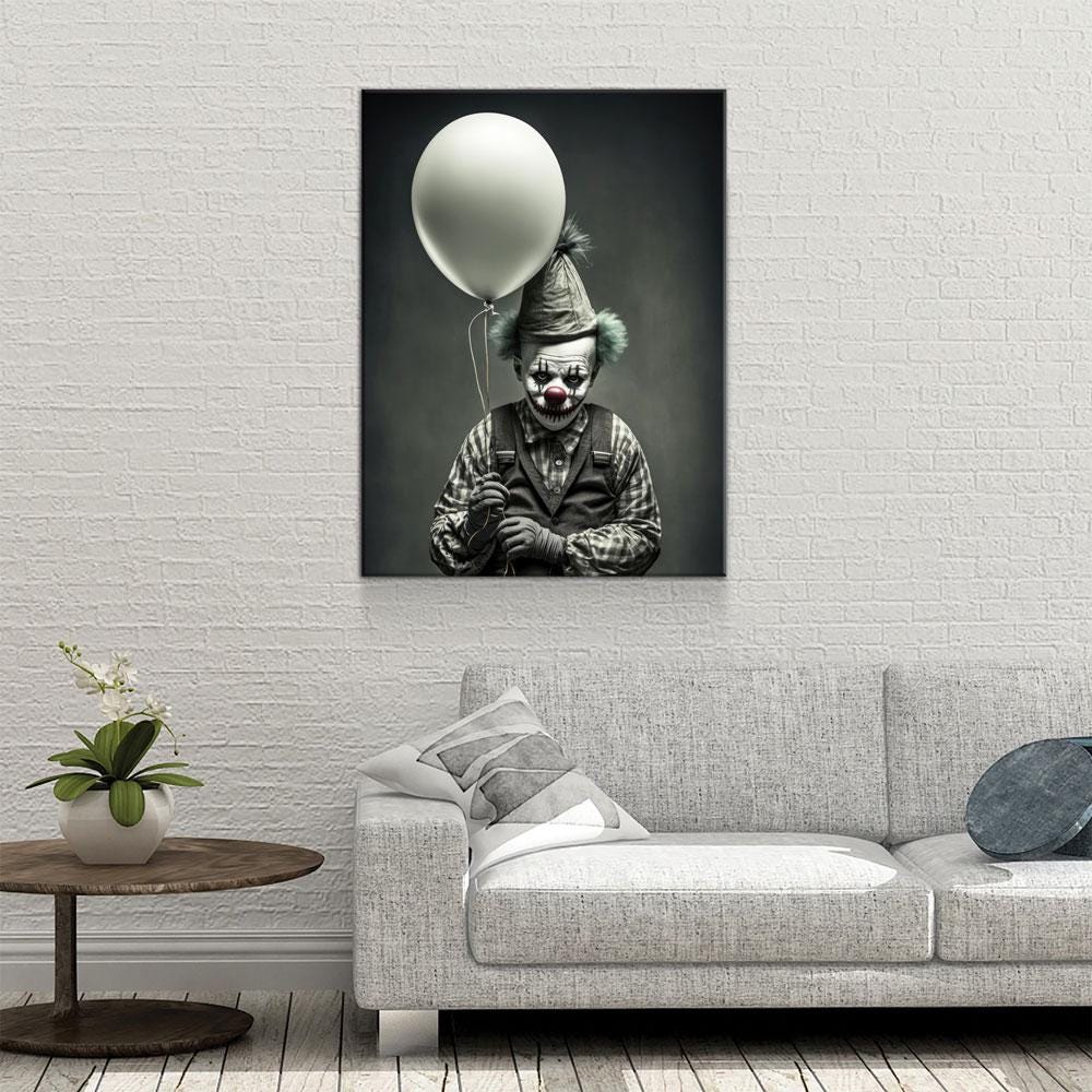 Scary Clown With Balloon Canvas Wall Art, Scary Decor, Clown with Red Nose, Halloween Decor, Gothic Print, Clown Print, Haunted House Decor