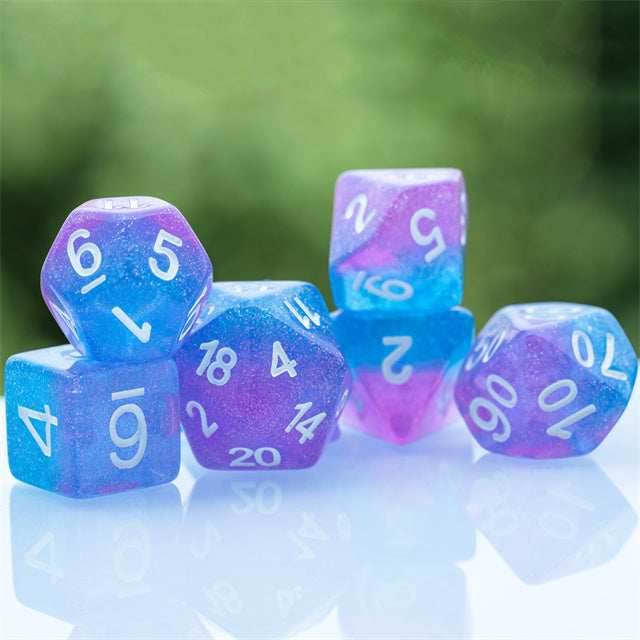 Purple Blue Two Tone 7-Dice Dnd Dice | Glitter w/White Numbers Set - 