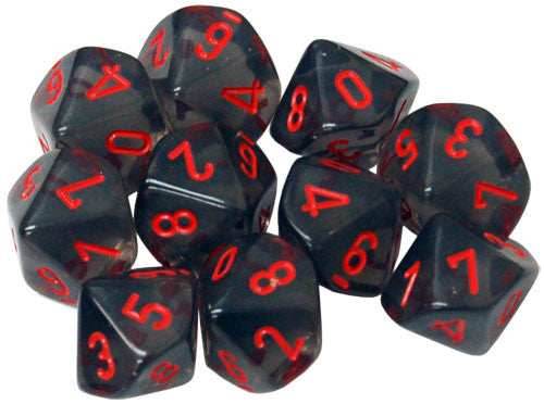 Chessex d10 Set of 10 Dice - Translucent Smoke/Red