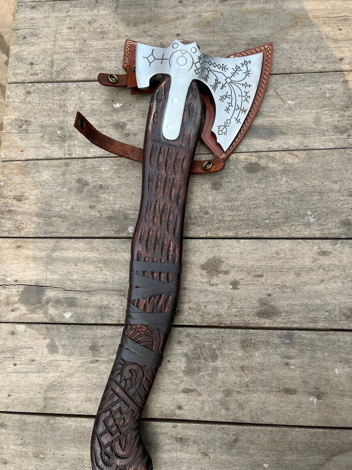 Hand Engraved Viking Double-Bit Axe with Carved Hardwood Handle and Norse Rune Detailing | Handmade Damascus Steel Collector Axe | JW SteelCrafts