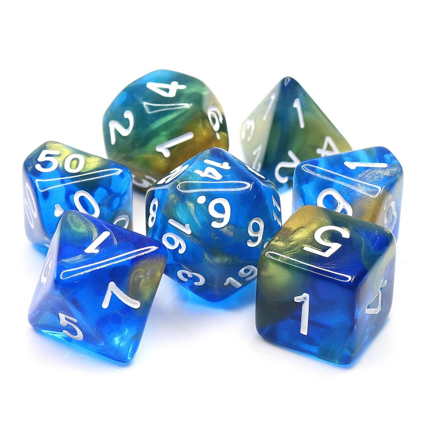 Starry Night Glitter Blue with White Numbering 7-Dice Set RPG - 