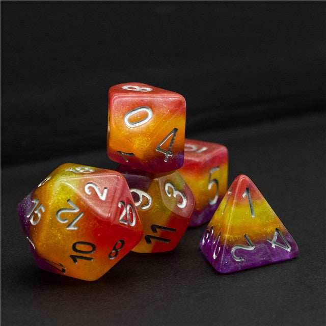 Orange Yellow Purple Glitter Layer 7-Dice Set w/Silver Numbers - 
