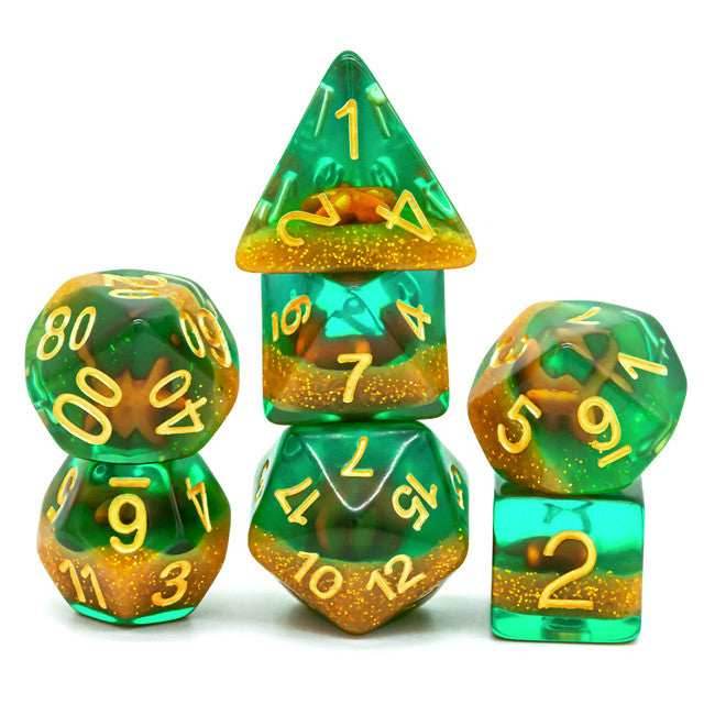 Green and Gold Starfish Dice 7-Dice Set Resin Dungeons and Dragons Dice - 