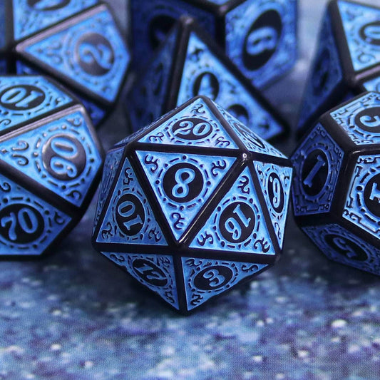 Blue Magic Flame 7-Dice Set DND RPG Dice Black w/Color Fill - 