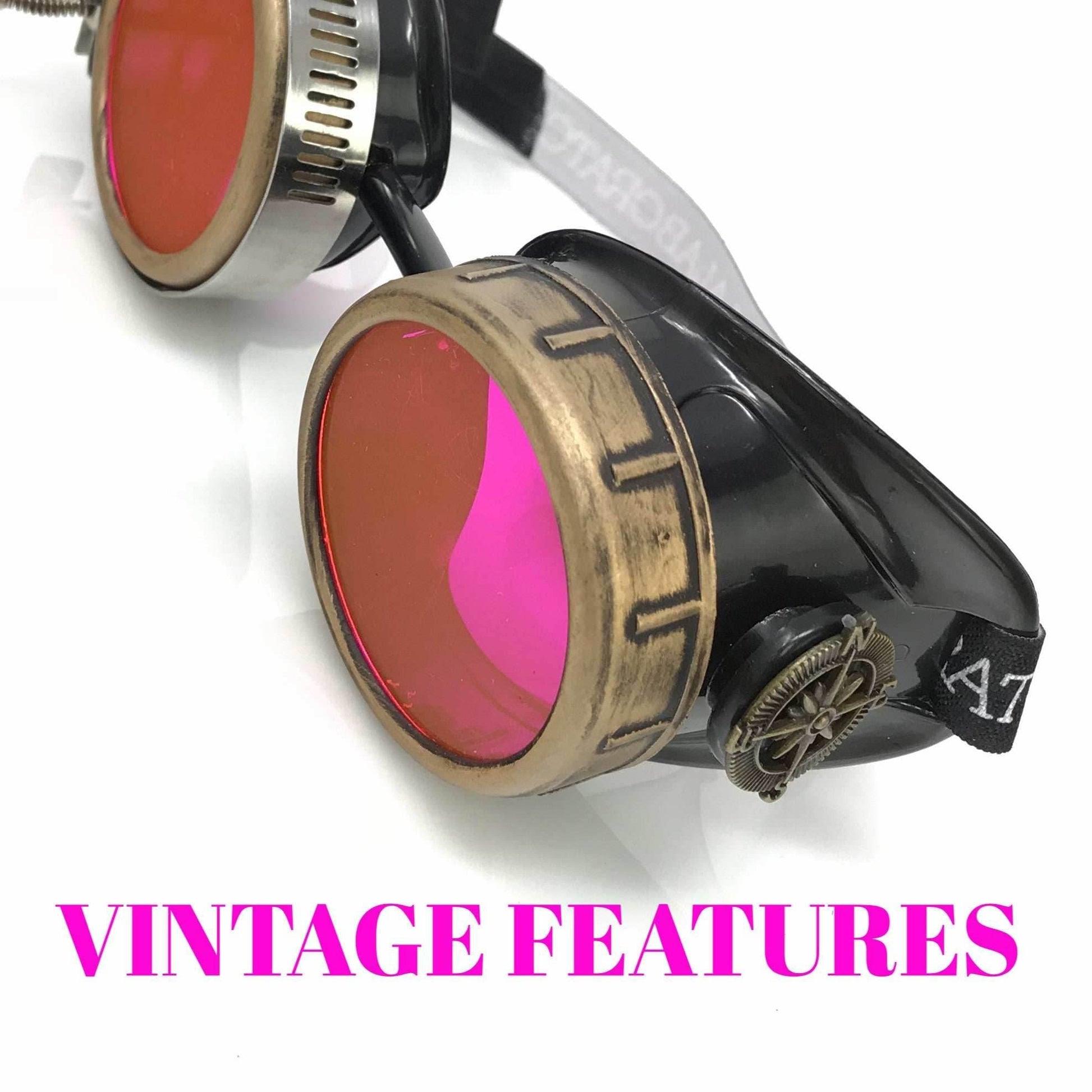 Steampunk Goggles with magnifying loupes UV glow neon pink lenses - 