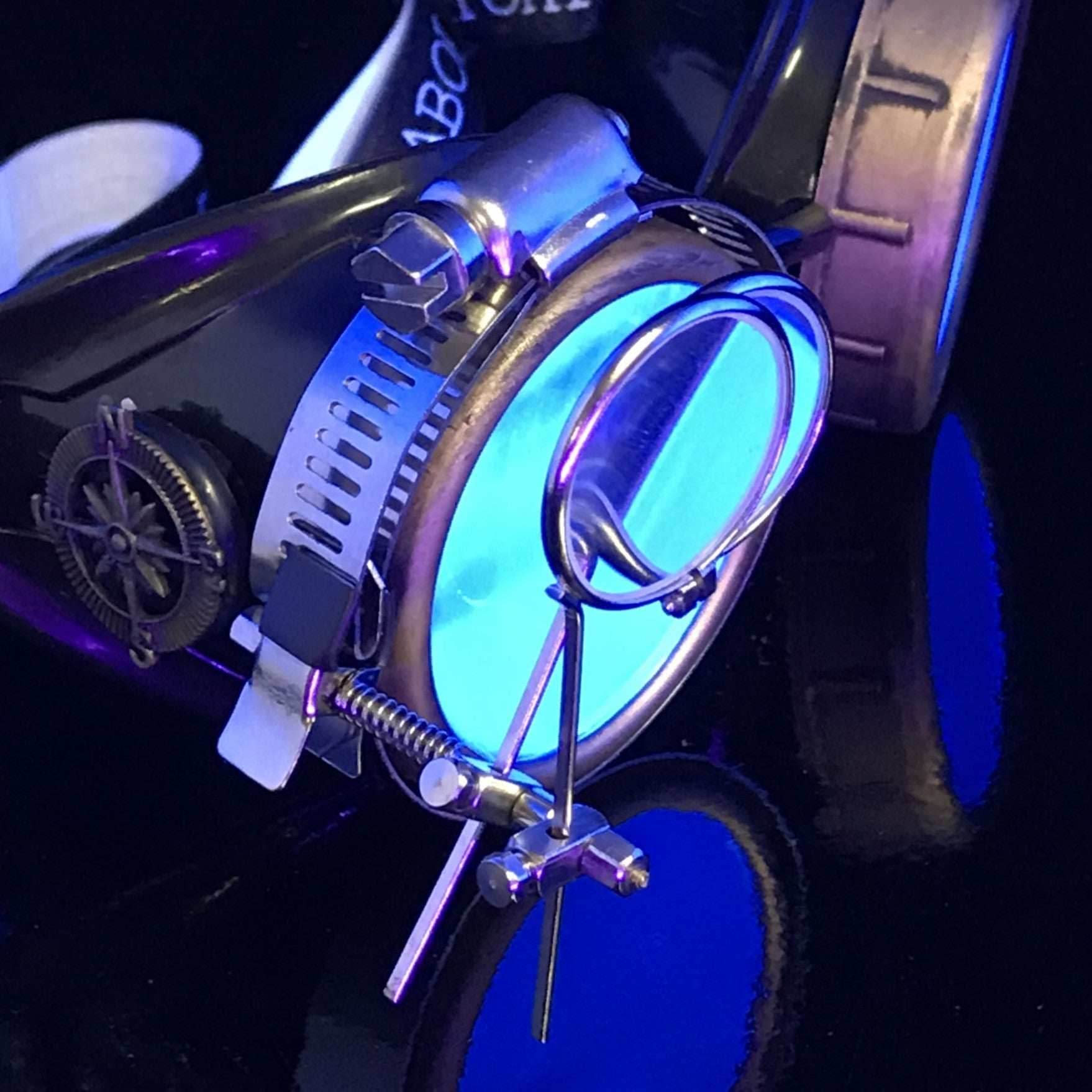Steampunk Goggles with magnifying loupes UV glow neon blue spiral diffraction lenses - 