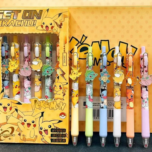 6 PCS Set Pokemon Click Pen, Black Writing Gel Pen Stationery