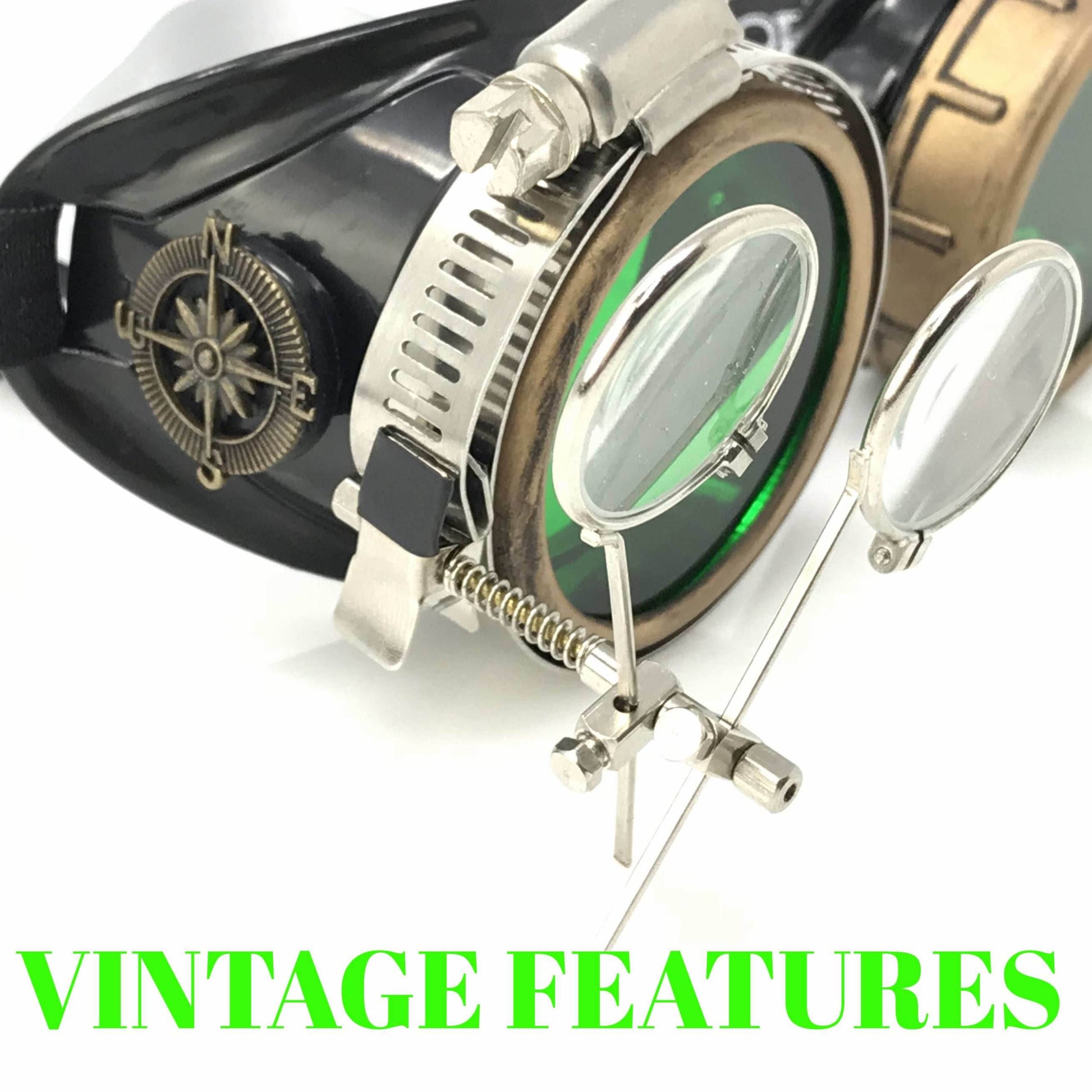 Steampunk Goggles with magnifying loupes green lenses - 
