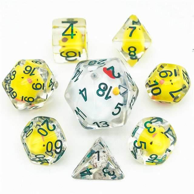 Chicken Family 7-Dice Set w/Green Numbers Dnd Dice Set + 30mm d20 - 
