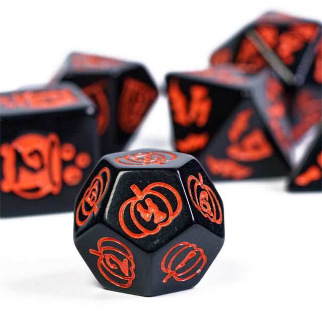 Halloween Black w/Orange | Pumpkin/Ghost/Bat/Cauldron 7-Dice Set DND - 