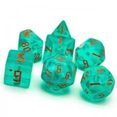 Blue/Teal Glitter Party Dice (Red/Orange font) 7-Dice Set RPG DND - 