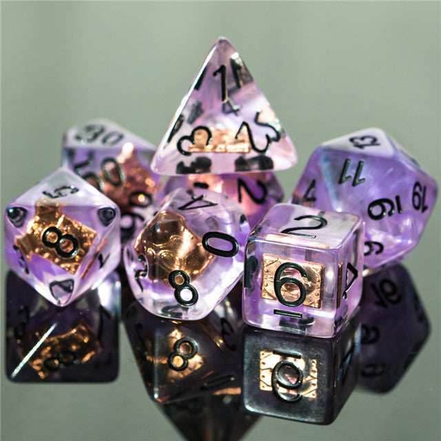Warlock (Magic Book) Clear Purple Dice w/ Golden Book 7-Dice Set Rpg - 