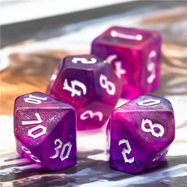 Purple + Red Glitter Party Dice (White font) 7-Dice Set RPG DND - 