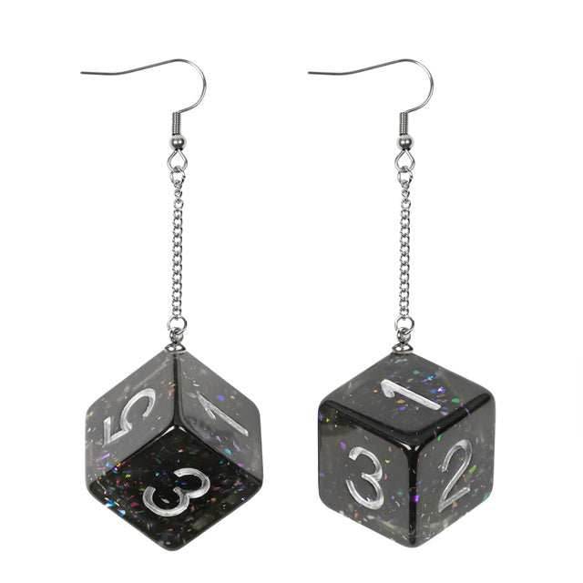 Black Glitter Dice Earrings: D6 Dice w/Colorful Inclusion Nerdy RPG Jewelry - 