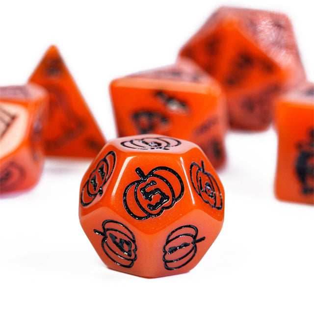 Halloween Orange w/Black | Pumpkin/Ghost/Bat/Cauldron 7-Dice Set DND - 