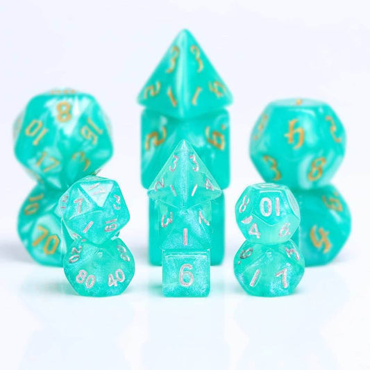 Glitter Teal 7-Dice Mini-Dice RPG Set w/Silver Numbers Miniature Dice - 