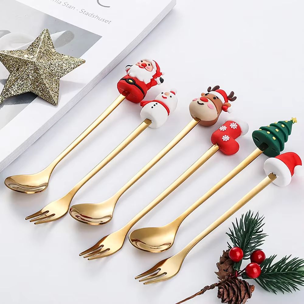 6Pcs Festive Stainless Steel Fork and Spoon Set