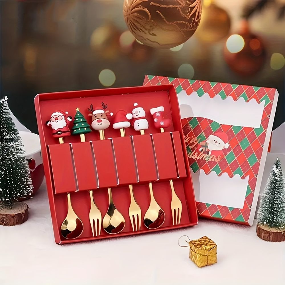 6Pcs Festive Stainless Steel Fork and Spoon Set