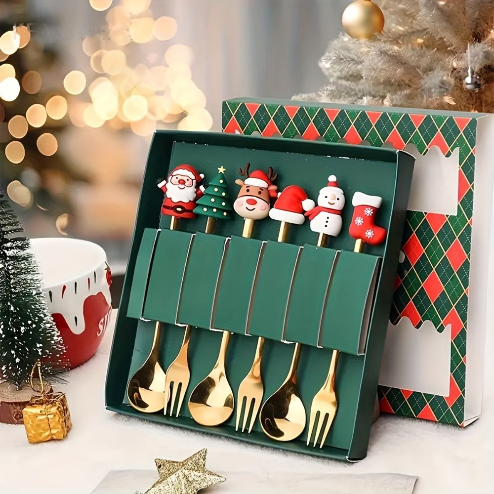 6Pcs Festive Stainless Steel Fork and Spoon Set