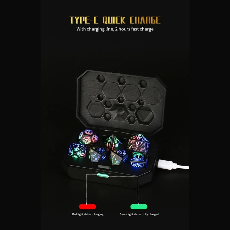 7 Pcs Rechargable Glowing LED Dices Role Playing Game Polyhedral Dices LED Electronic Dices for Tabletop Game Player