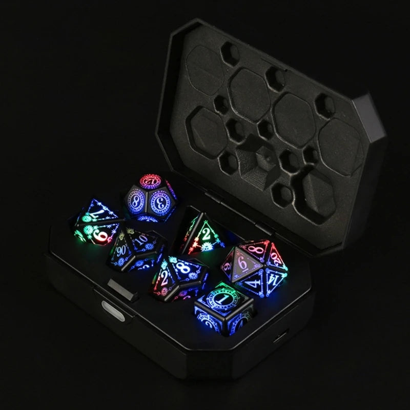 7 Pcs Rechargable Glowing LED Dices Role Playing Game Polyhedral Dices LED Electronic Dices for Tabletop Game Player