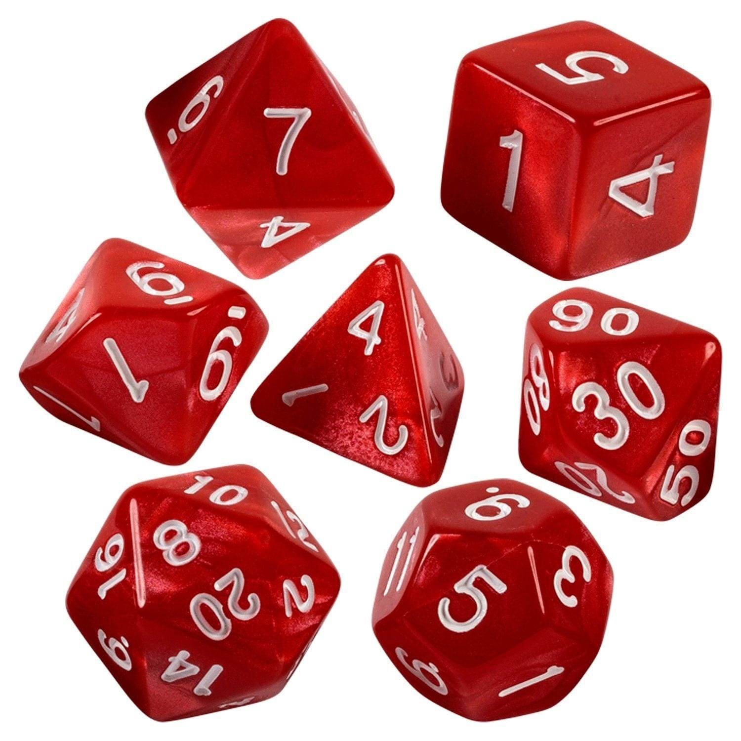 Red Marbled Dice - 7 Piece Set With Bag - 
